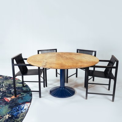 Postmodern Italian Zanotta Round Marble Dining Table with Blue Steel Leg by Roberto Barbieri, 1980s-NQU-1758691