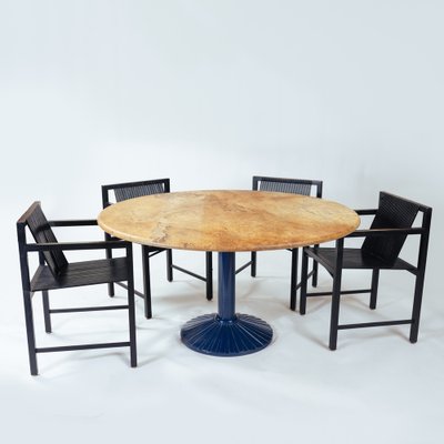 Postmodern Italian Zanotta Round Marble Dining Table with Blue Steel Leg by Roberto Barbieri, 1980s-NQU-1758691