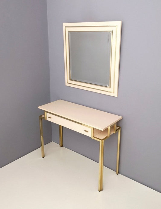 Postmodern Pale Pink Formica and Brass Console Table with Wall Mirror, Italy, 1970s, Set of 2