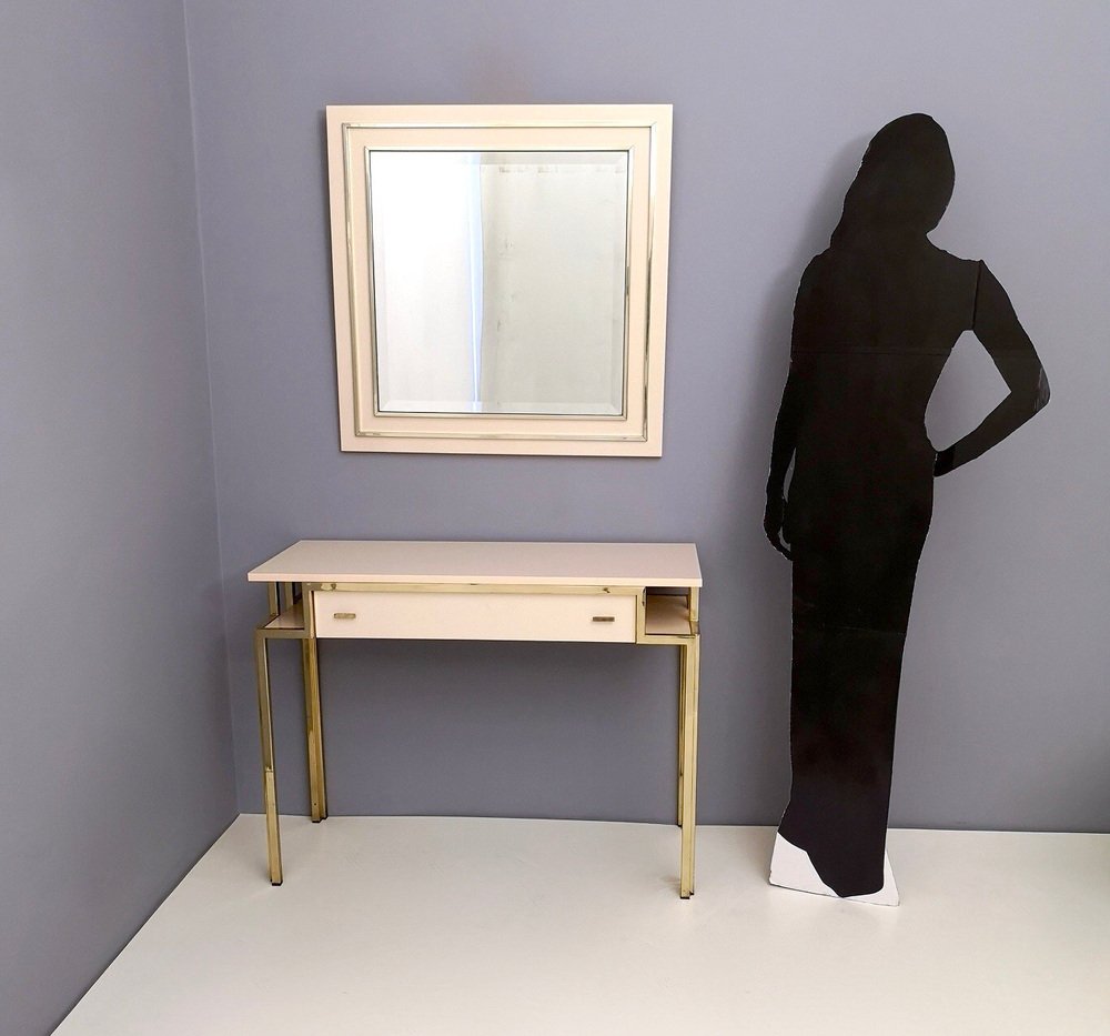 Postmodern Pale Pink Formica and Brass Console Table with Wall Mirror, Italy, 1970s, Set of 2