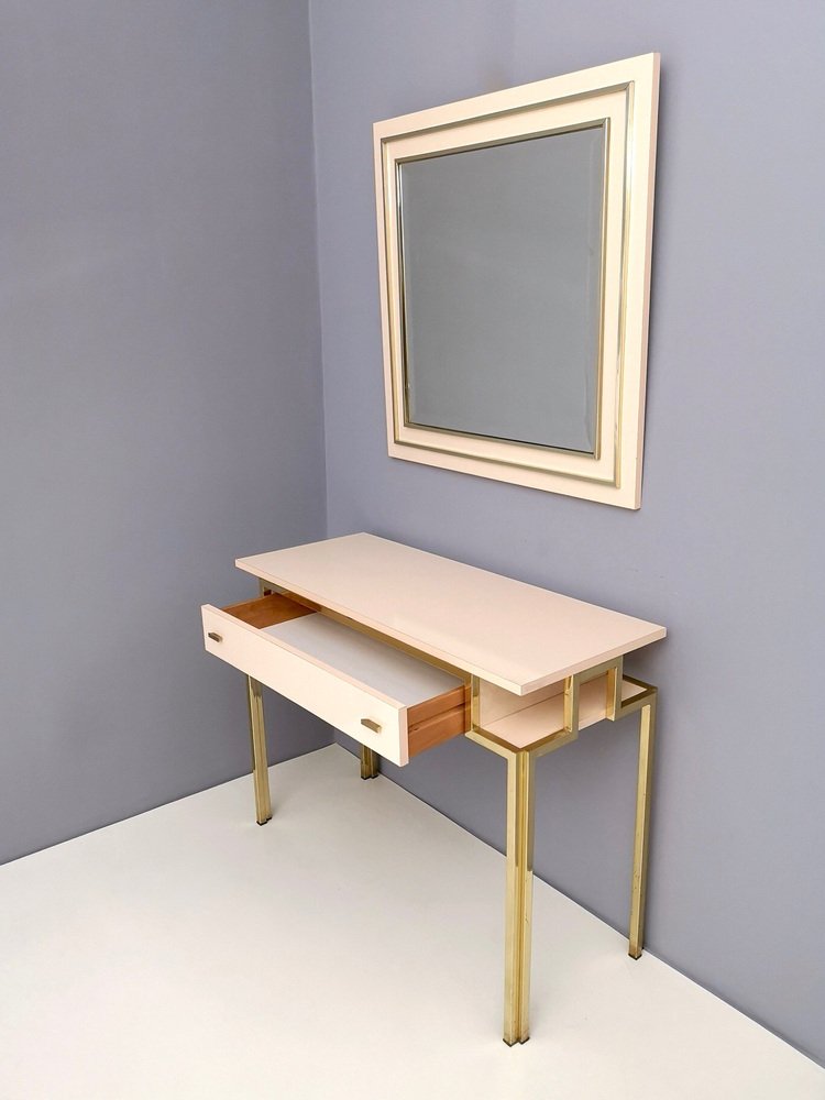 Postmodern Pale Pink Formica and Brass Console Table with Wall Mirror, Italy, 1970s, Set of 2