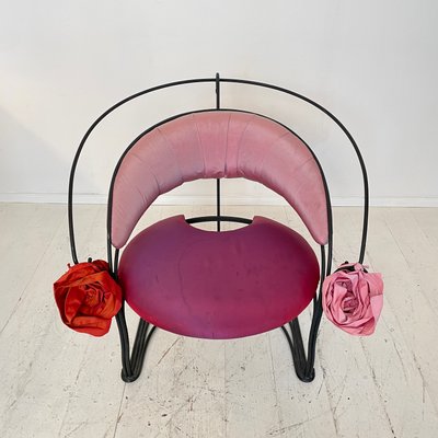 Postmodern Sculptural Armchair in Black Metal and Pink Red Silk Padding, 1980-FB-1432054