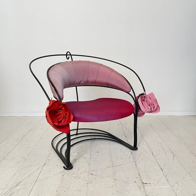 Postmodern Sculptural Armchair in Black Metal and Pink Red Silk Padding, 1980-FB-1432054