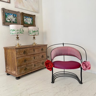 Postmodern Sculptural Armchair in Black Metal and Pink Red Silk Padding, 1980-FB-1432054