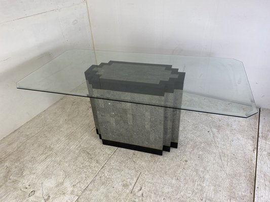 Postmodern Stone & Marble Dining Table with Brass Base and Glass Top, 1980s-DE-1311455