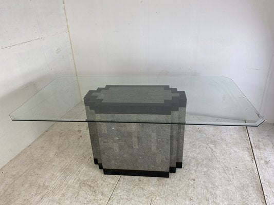 Postmodern Stone & Marble Dining Table with Brass Base and Glass Top, 1980s-DE-1311455