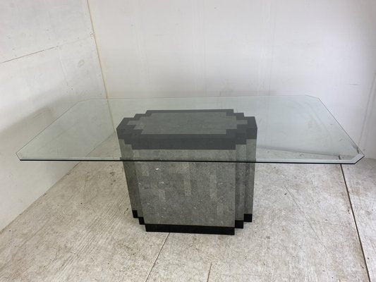 Postmodern Stone & Marble Dining Table with Brass Base and Glass Top, 1980s-DE-1311455