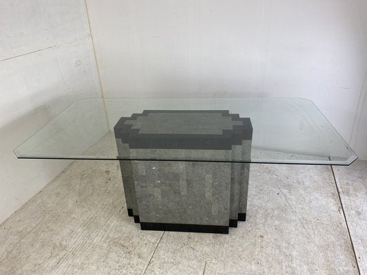 Postmodern Stone & Marble Dining Table with Brass Base and Glass Top, 1980s-DE-1311455