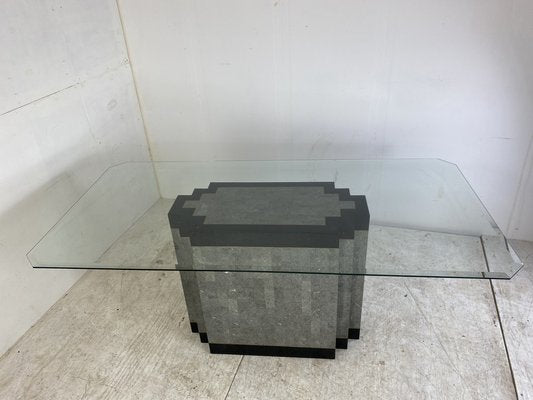 Postmodern Stone & Marble Dining Table with Brass Base and Glass Top, 1980s-DE-1311455