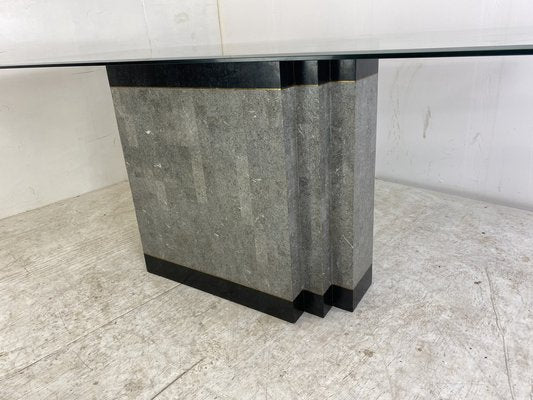 Postmodern Stone & Marble Dining Table with Brass Base and Glass Top, 1980s-DE-1311455