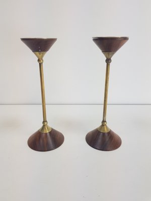 Postmodern Teak and Brass Candleholder, 1980s, Set of 2-AXJ-1393464