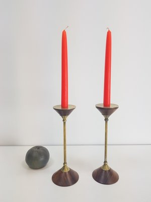 Postmodern Teak and Brass Candleholder, 1980s, Set of 2-AXJ-1393464