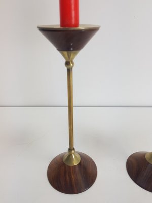 Postmodern Teak and Brass Candleholder, 1980s, Set of 2-AXJ-1393464