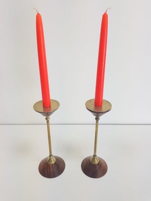 Postmodern Teak and Brass Candleholder, 1980s, Set of 2-AXJ-1393464