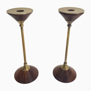 Postmodern Teak and Brass Candleholder, 1980s, Set of 2-AXJ-1393464