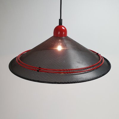 Postmodern Teak & Black and Red Steel Hanging Pendant, 1980s-RMX-1009325