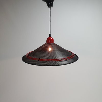 Postmodern Teak & Black and Red Steel Hanging Pendant, 1980s-RMX-1009325