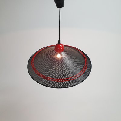 Postmodern Teak & Black and Red Steel Hanging Pendant, 1980s-RMX-1009325