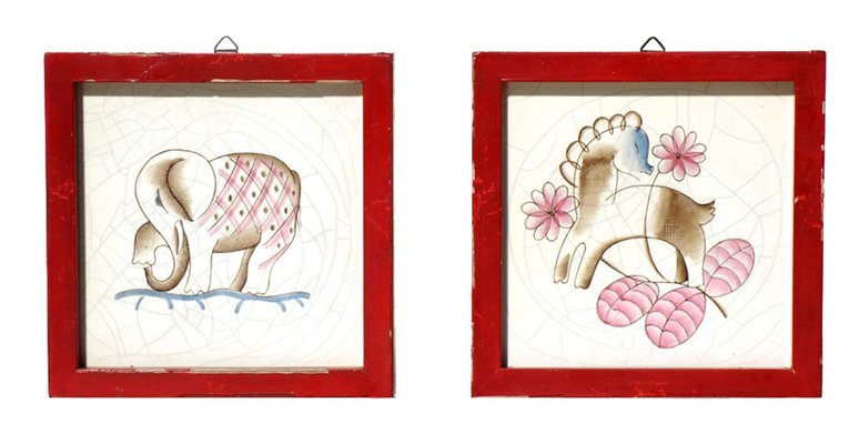 Pottery Tiles with Red Frames by Giovanni Gariboldi for Richard Ginori San Cristoforo, 1930s, Set of 2-KGD-742029