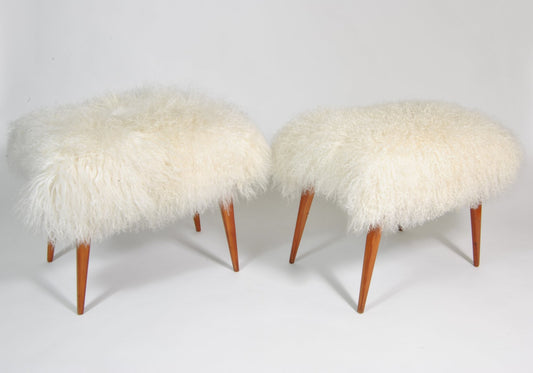 Poufs in White Mongolian Leather, Italy, 1950s, Set of 2