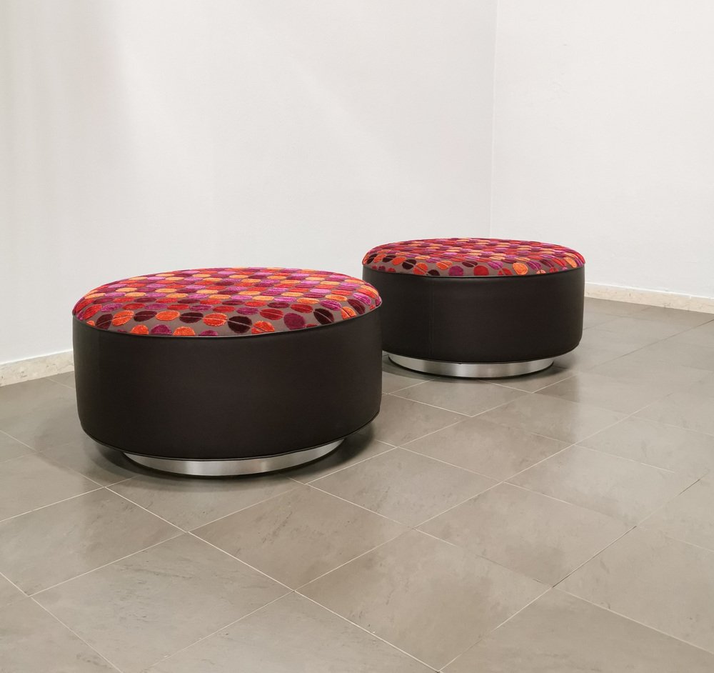 Poufs in Wood, Brown Leather, Multicolor Velvet & Brushed Aluminum, Italy, 1970s Set of 2