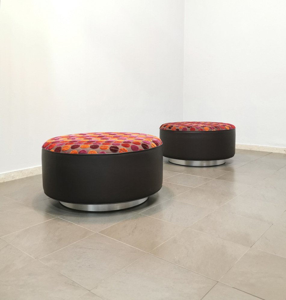 Poufs in Wood, Brown Leather, Multicolor Velvet & Brushed Aluminum, Italy, 1970s Set of 2