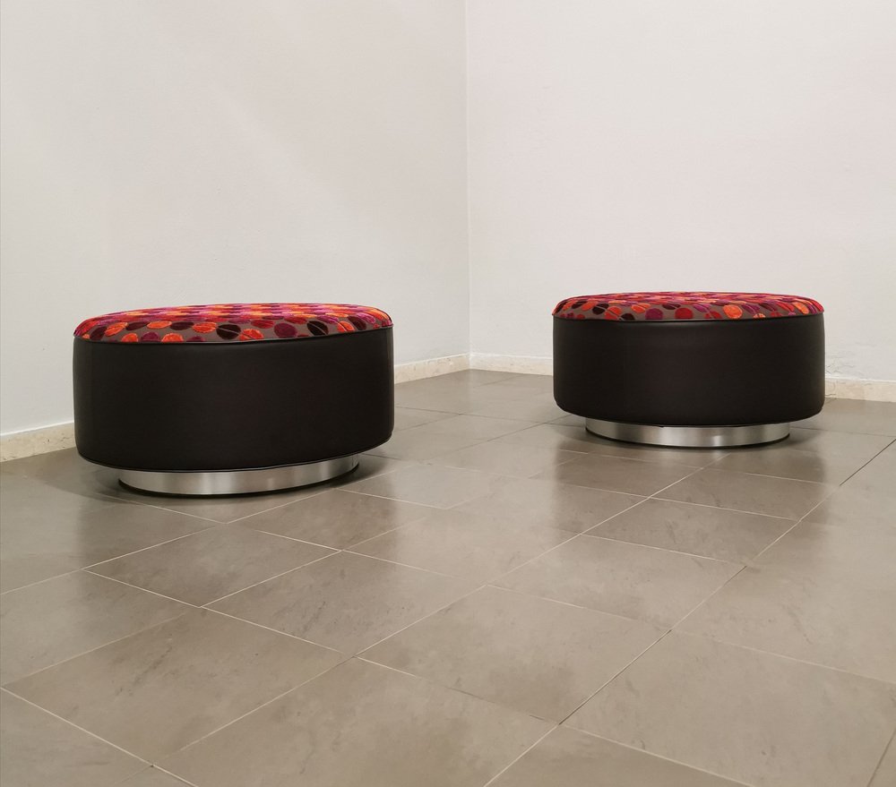 Poufs in Wood, Brown Leather, Multicolor Velvet & Brushed Aluminum, Italy, 1970s Set of 2