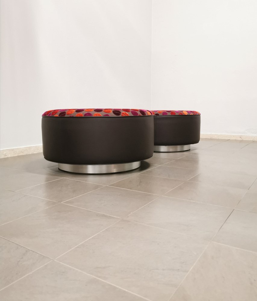 Poufs in Wood, Brown Leather, Multicolor Velvet & Brushed Aluminum, Italy, 1970s Set of 2