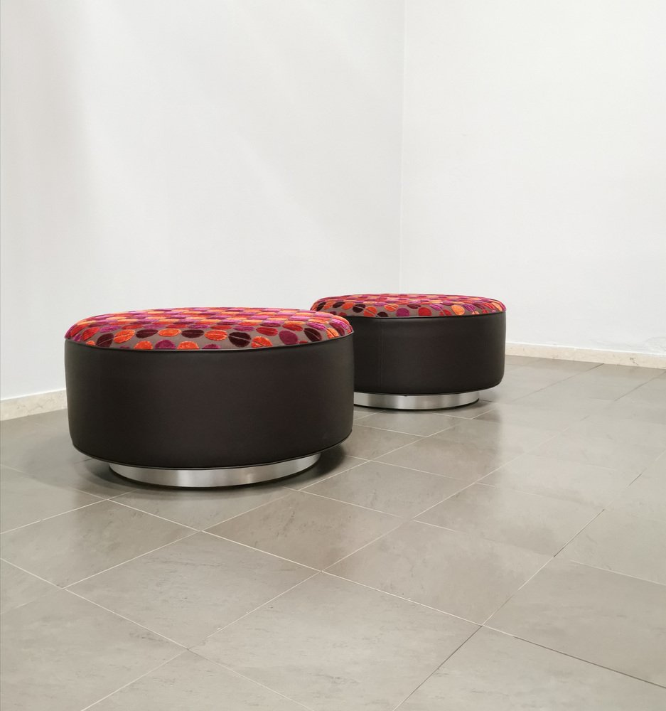 Poufs in Wood, Brown Leather, Multicolor Velvet & Brushed Aluminum, Italy, 1970s Set of 2