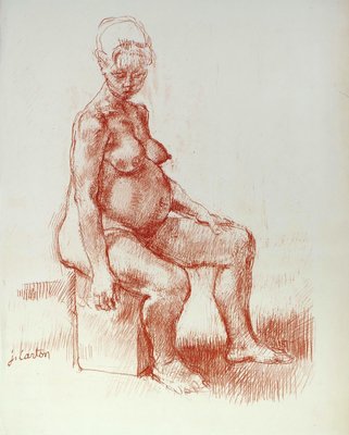 Pregnancy - Original Sanguine Drawing by Jean Carton - Mid 20th Century mid 20th century-ZCI-760702