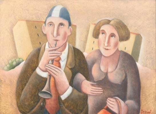 Primo Flauto e Signora - Original Oil on Wooden Panel by C. Benghi - 2000s-ZCI-757291