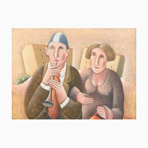 Primo Flauto e Signora - Original Oil on Wooden Panel by C. Benghi - 2000s-ZCI-757291