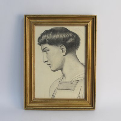 Profile Study, 20th Century, Charcoal Drawing, Framed-NE-1794676