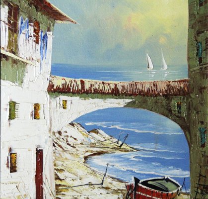 Puig, The Beach of the Spanish Village, 1980s, Oil on Canvas, Framed-ZYI-1332136