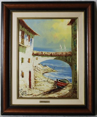 Puig, The Beach of the Spanish Village, 1980s, Oil on Canvas, Framed-ZYI-1332136