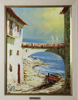 Puig, The Beach of the Spanish Village, 1980s, Oil on Canvas, Framed-ZYI-1332136