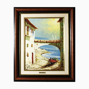 Puig, The Beach of the Spanish Village, 1980s, Oil on Canvas, Framed-ZYI-1332136