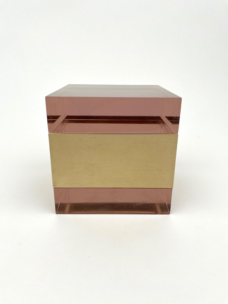 Purple Acrylic & Gold Metal Cube Box by Alessandro Albrizzi, Italy, 1970s