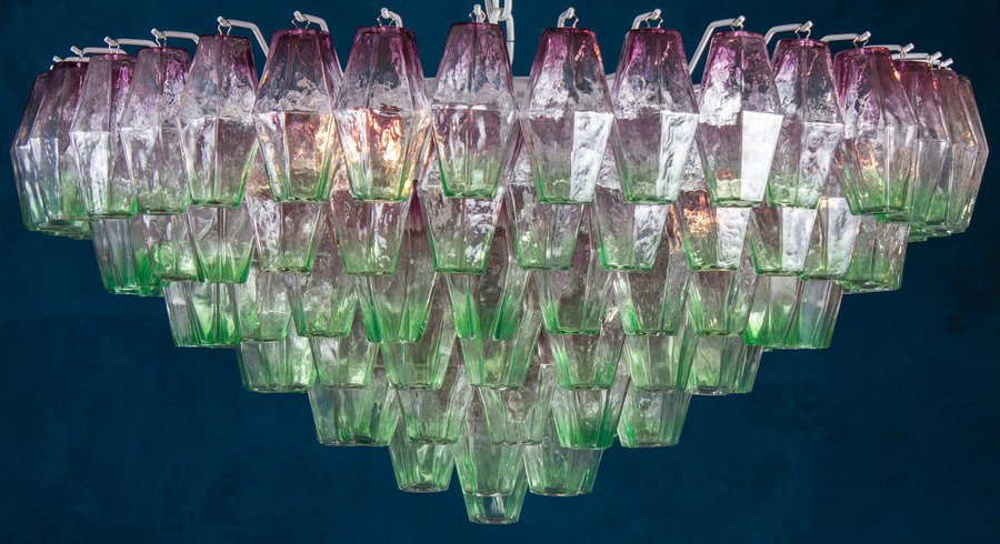 Purple and Green Murano Glass Poliedri Chandelier, 1970s