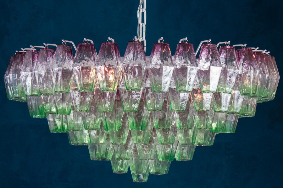 Purple and Green Murano Glass Poliedri Chandelier, 1970s