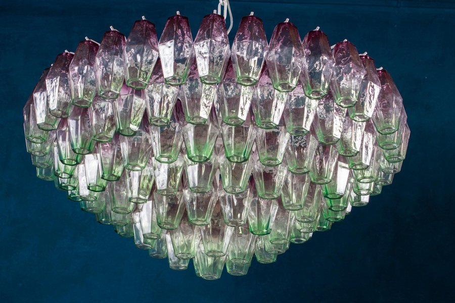 Purple and Green Murano Glass Poliedri Chandelier, 1970s