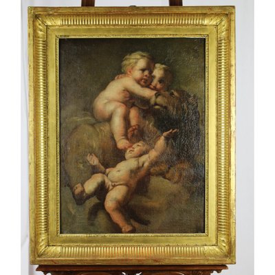 Putti with a Lion, 1800s, Oil on Canvas, Framed-GCQ-1786956