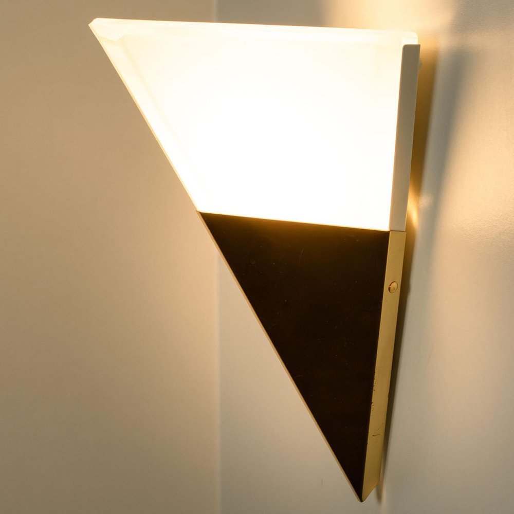 Pyramid Milk Glass & Brass Wall Light attributed to Glashütte Limburg, 1970s