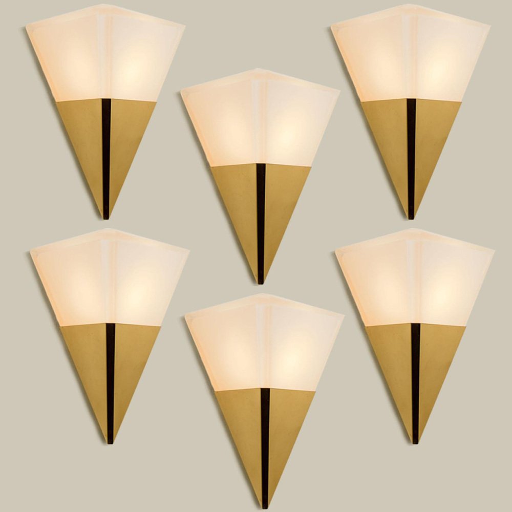 Pyramid Milk Glass & Brass Wall Light attributed to Glashütte Limburg, 1970s