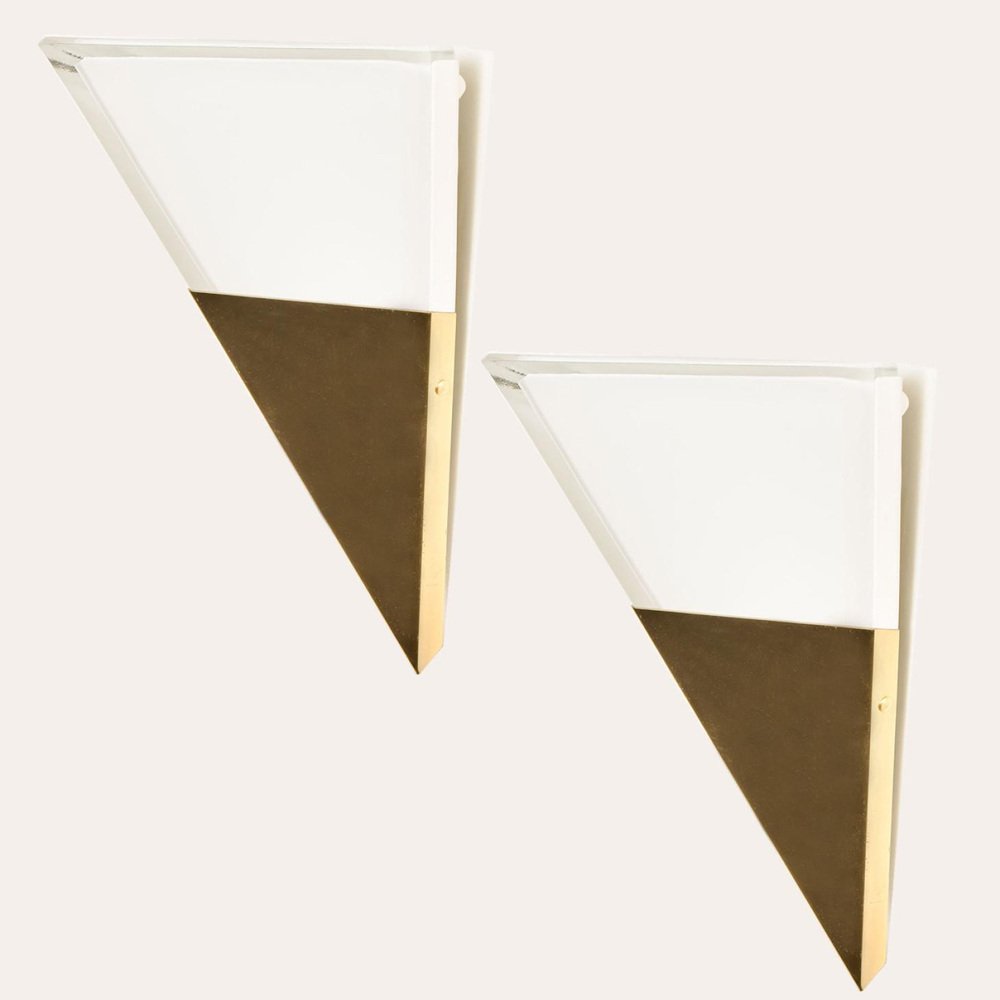 Pyramid Milk Glass & Brass Wall Light attributed to Glashütte Limburg, 1970s