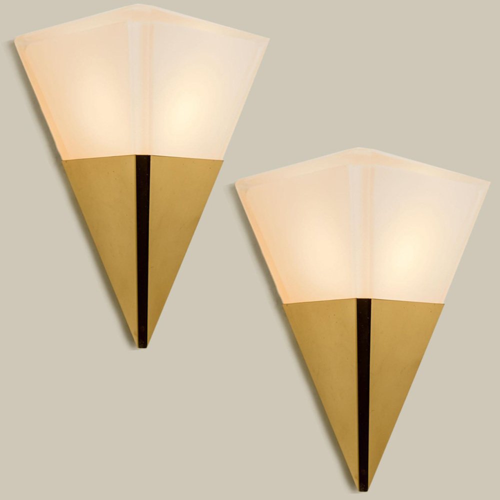 Pyramid Milk Glass & Brass Wall Light attributed to Glashütte Limburg, 1970s