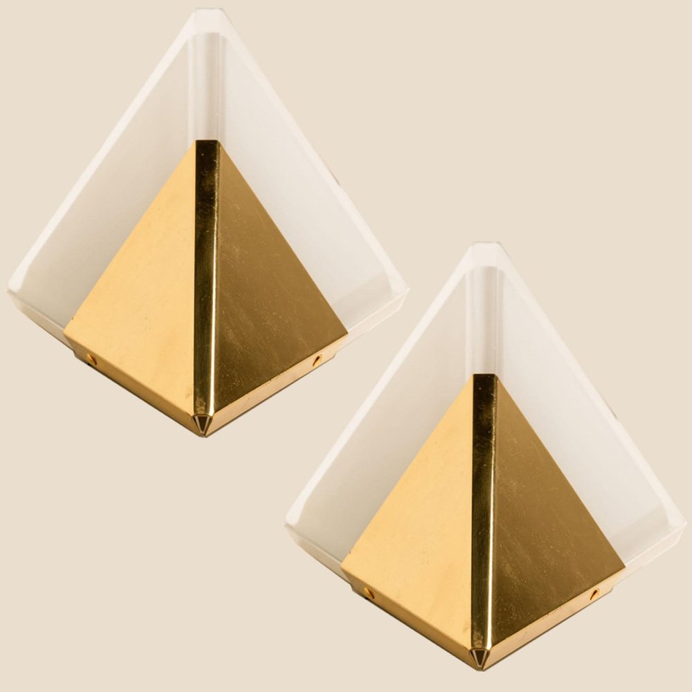 Pyramid Milk Glass & Brass Wall Light attributed to Glashütte Limburg, 1970s