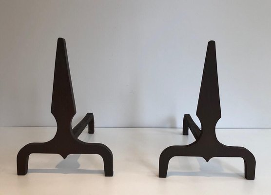 Pyramid Steel and Wrought Iron Andirons, France, 1940s, Set of 2-BA-874703