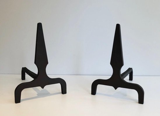 Pyramid Steel and Wrought Iron Andirons, France, 1940s, Set of 2-BA-874703