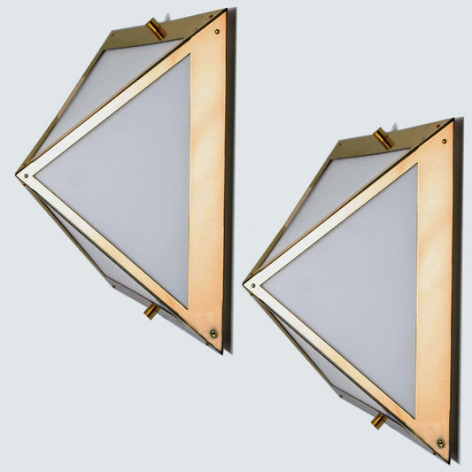 Pyramid Wall Lights in White Glass and Brass from Glashütte Limburg, 1970s